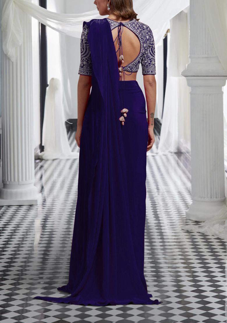 Blue Pre-Stitched Saree Set With Hand Embroidered Blouse