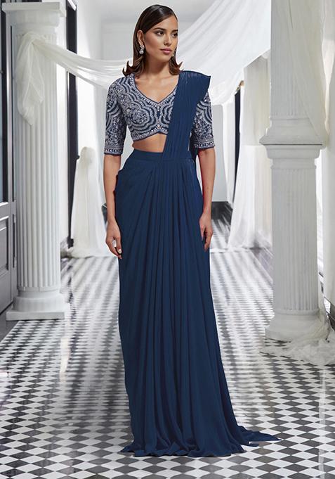 Teal Blue Pre-Stitched Saree Set With Hand Embroidered Blouse
