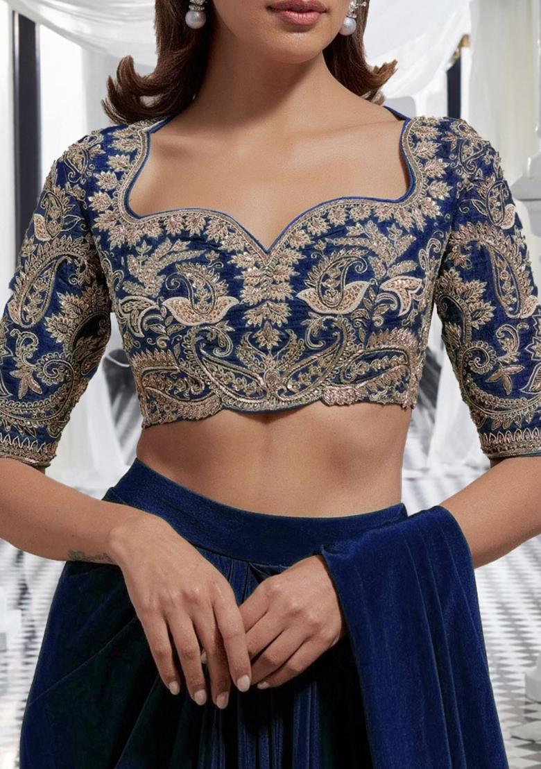 Blue Pre-Stitched Saree Set With Hand Embroidered Blouse