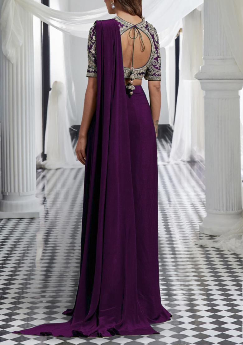 Purple Pre-Stitched Saree Set With Hand Embroidered Blouse
