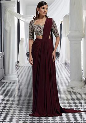Brick Red Pre-Stitched Saree Set With Hand Embroidered Blouse