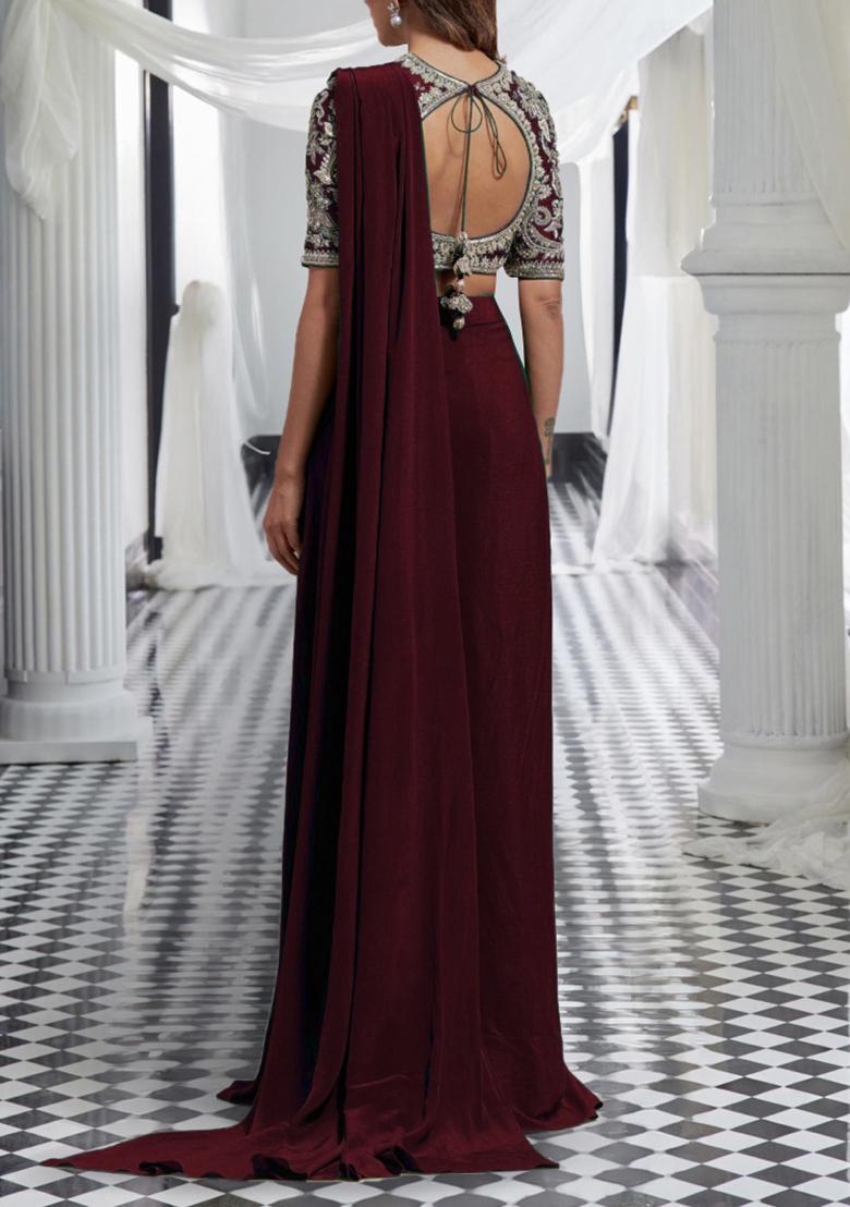 Brick Red Pre-Stitched Saree Set With Hand Embroidered Blouse