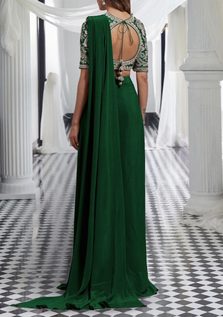 Green Pre-Stitched Saree Set With Hand Embroidered Blouse