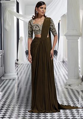 Olive Green Pre-Stitched Saree Set With Hand Embroidered Blouse