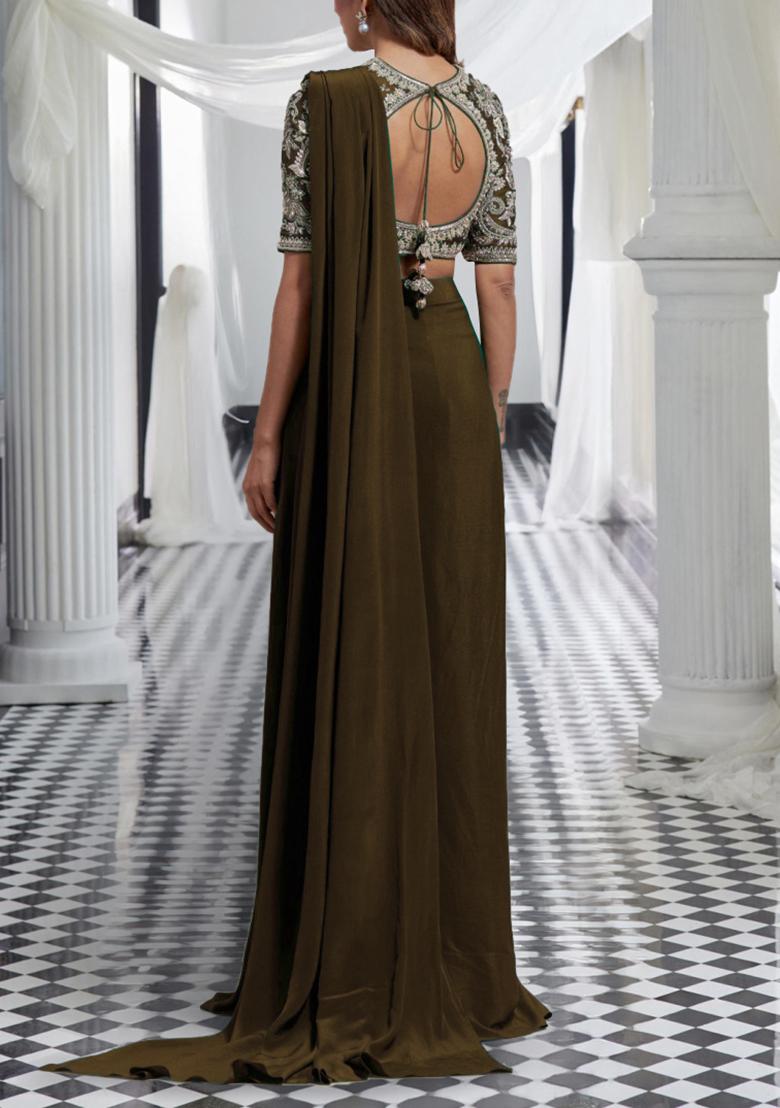 Olive Green Pre-Stitched Saree Set With Hand Embroidered Blouse