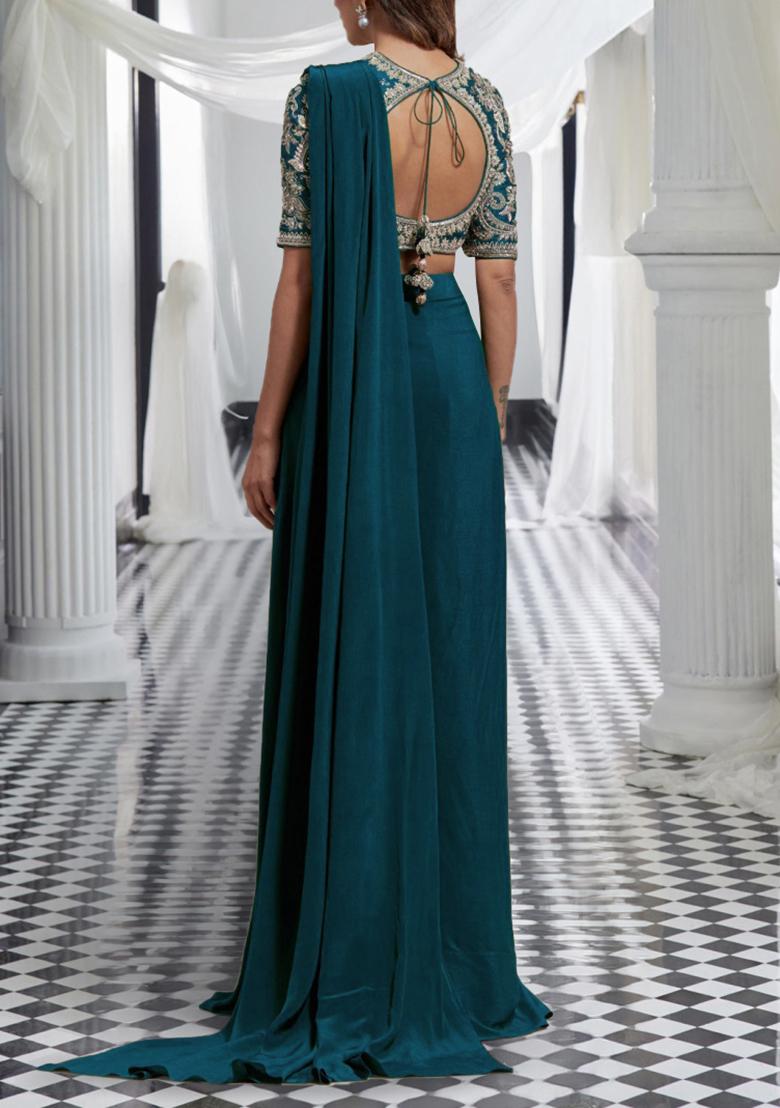 Turquoise Green Pre-Stitched Saree Set With Hand Embroidered Blouse