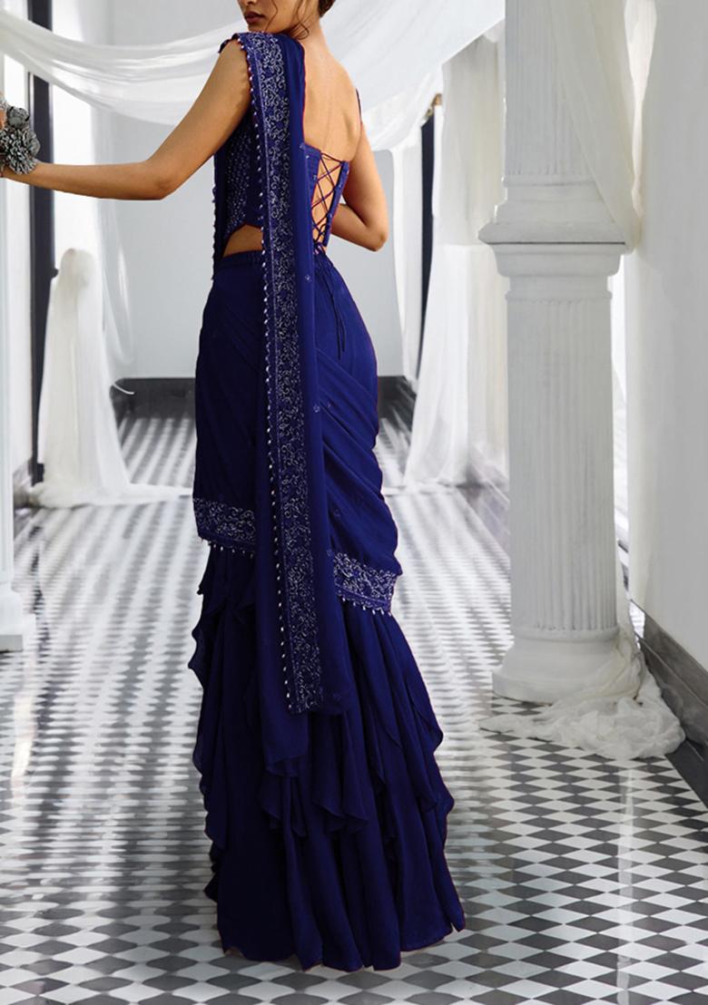 Blue Pre-Stitched Saree Set With Hand Embroidered Blouse