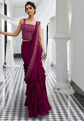 Maroon Pre-Stitched Saree Set With Hand Embroidered Blouse
