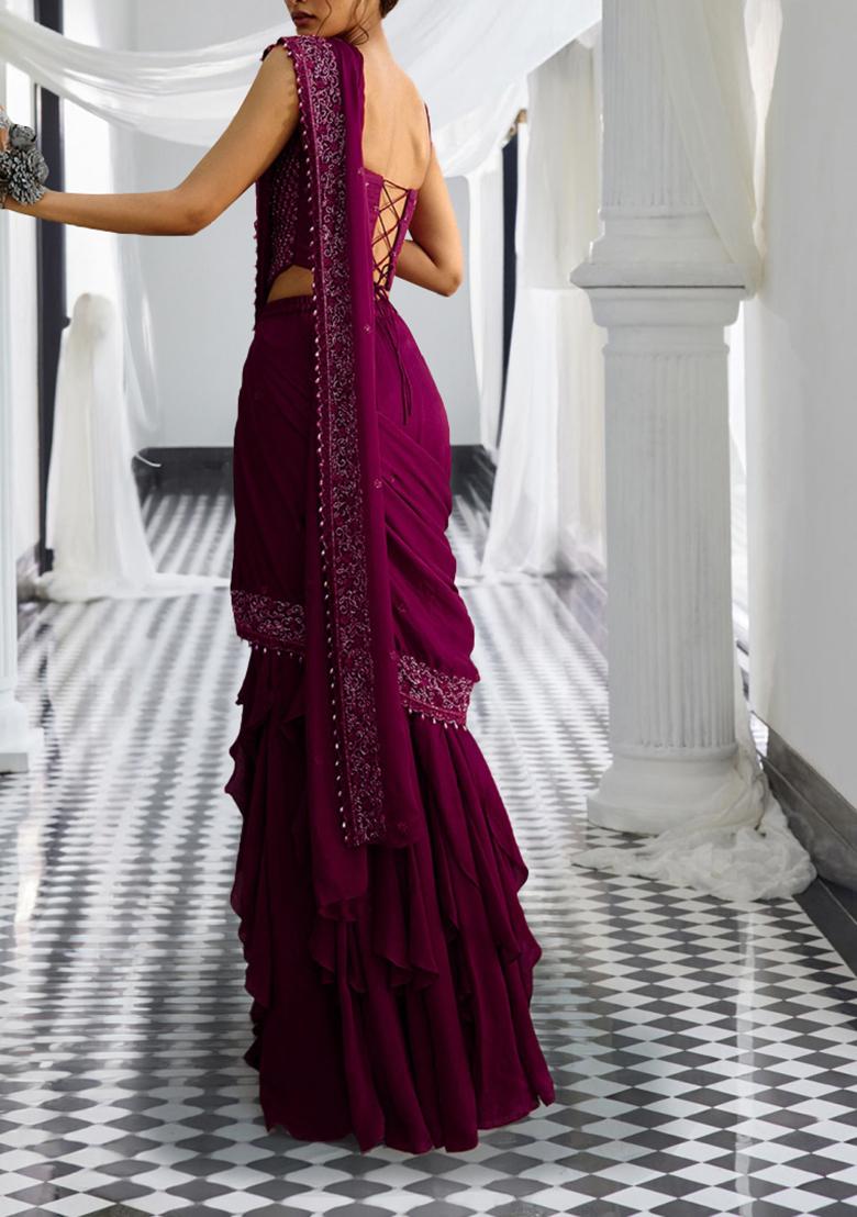 Maroon Pre-Stitched Saree Set With Hand Embroidered Blouse