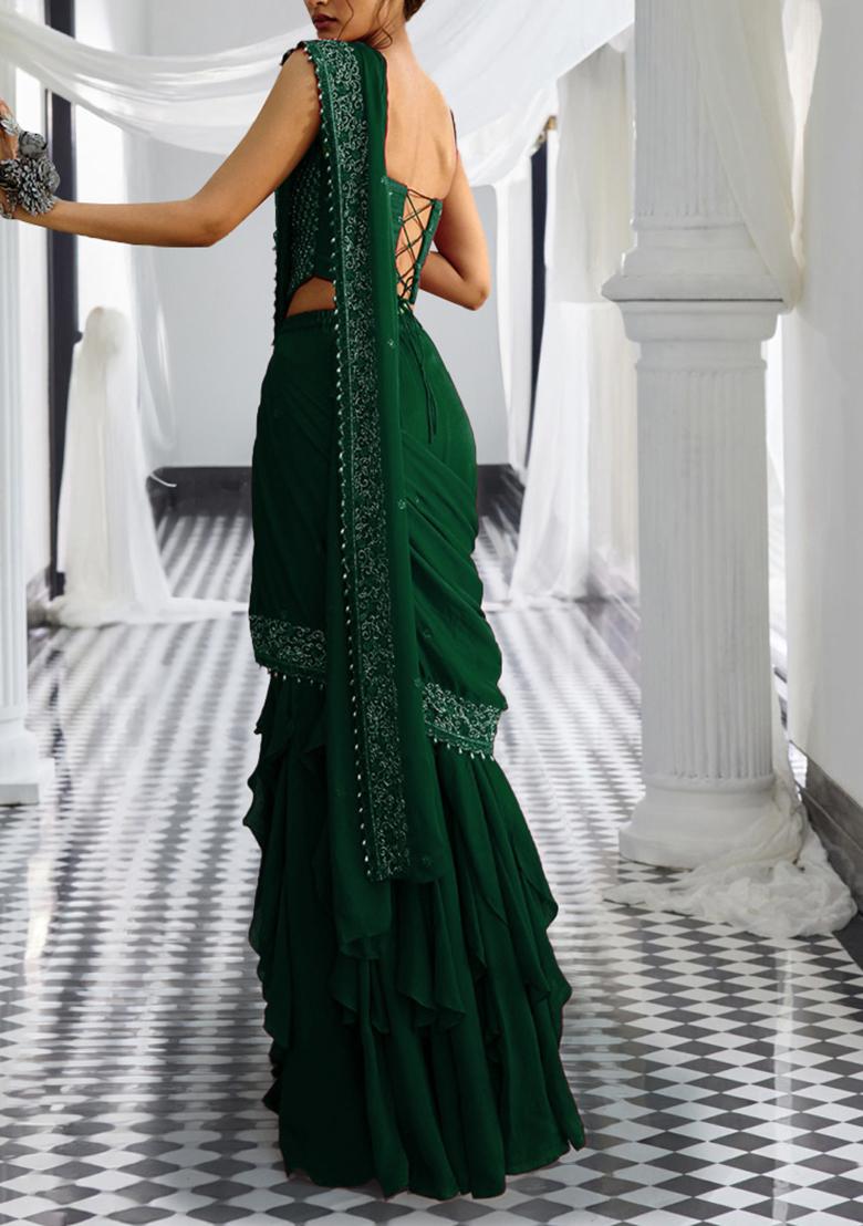 Green Pre-Stitched Saree Set With Hand Embroidered Blouse