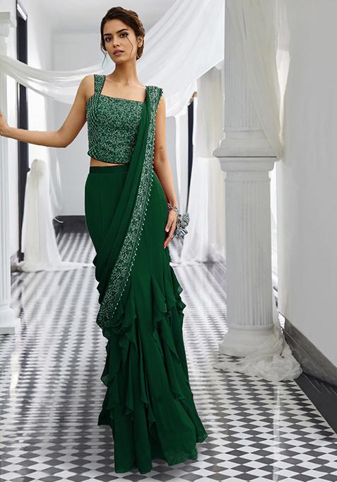 Green Pre-Stitched Saree Set With Hand Embroidered Blouse