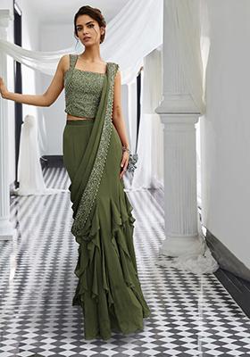 Olive Green Pre-Stitched Saree Set With Hand Embroidered Blouse