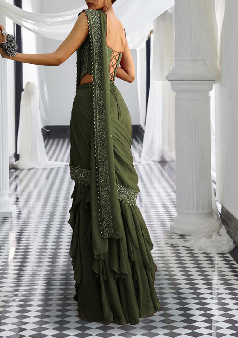 Olive Green Pre-Stitched Saree Set With Hand Embroidered Blouse