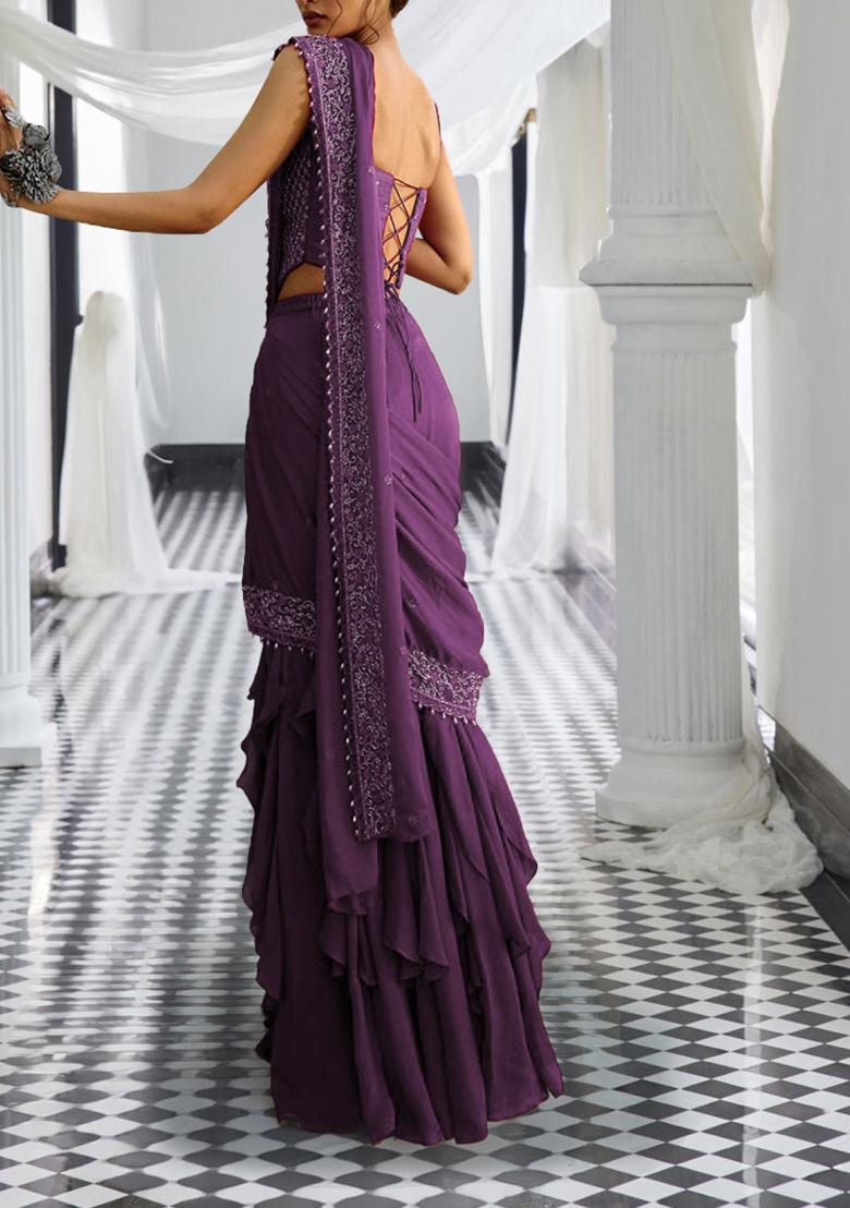 Purple Pre-Stitched Saree Set With Hand Embroidered Blouse