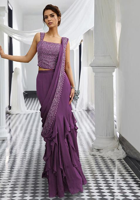 Purple Pre-Stitched Saree Set With Hand Embroidered Blouse