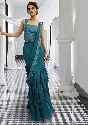 Teal Blue Pre-Stitched Saree Set With Hand Embroidered Blouse
