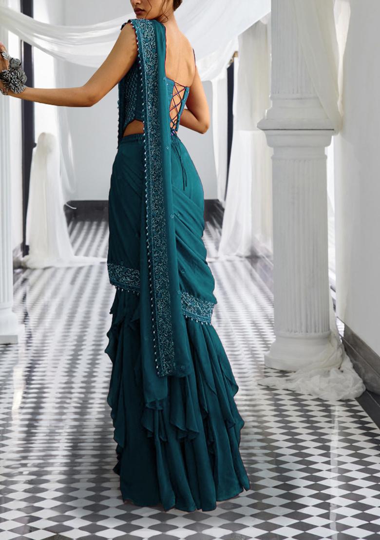 Teal Blue Pre-Stitched Saree Set With Hand Embroidered Blouse