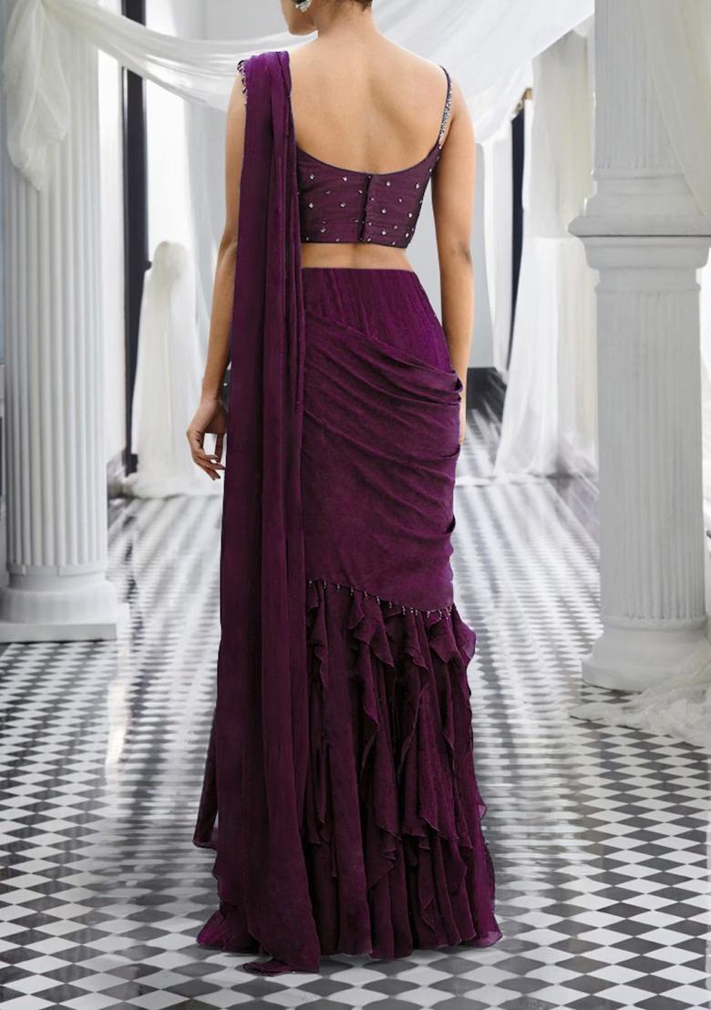 Purple Pre-Stitched Saree Set With Hand Embroidered Blouse