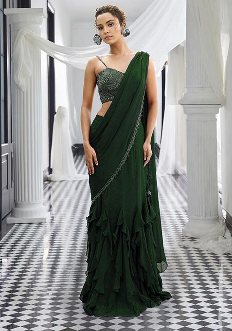 Dark Green Pre-Stitched Saree Set With Hand Embroidered Blouse