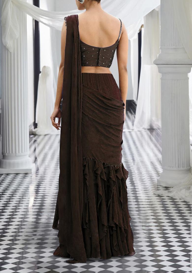 Brown Pre-Stitched Saree Set With Hand Embroidered Blouse