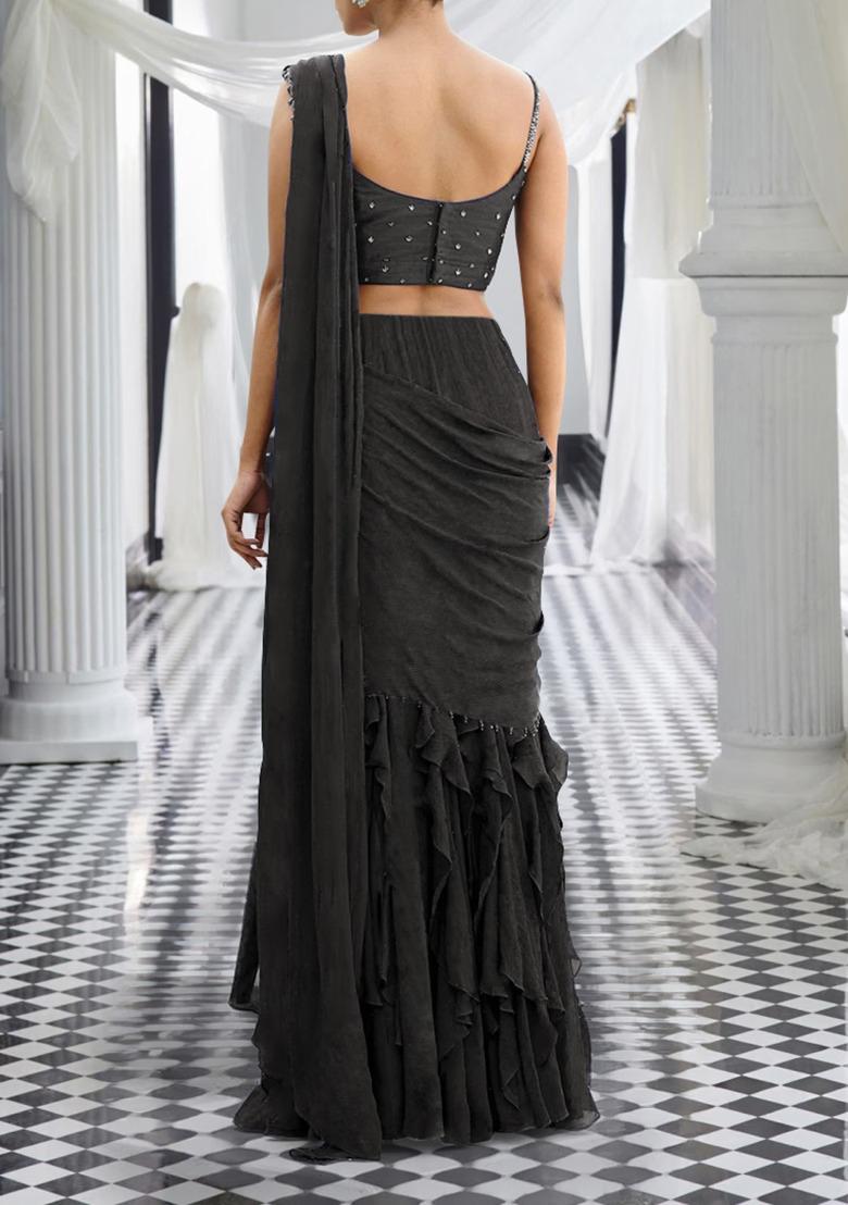 Grey Pre-Stitched Saree Set With Hand Embroidered Blouse