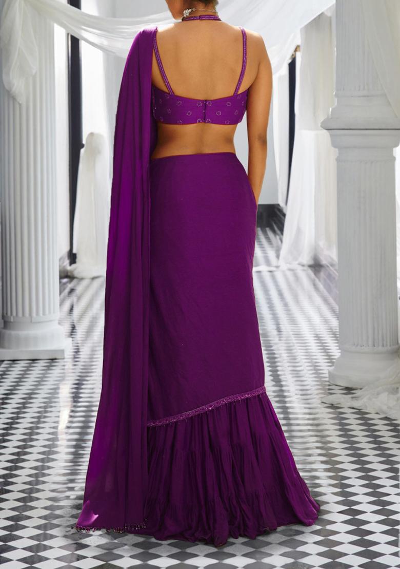 Purple Pre-Stitched Saree Set With Hand Embroidered Blouse