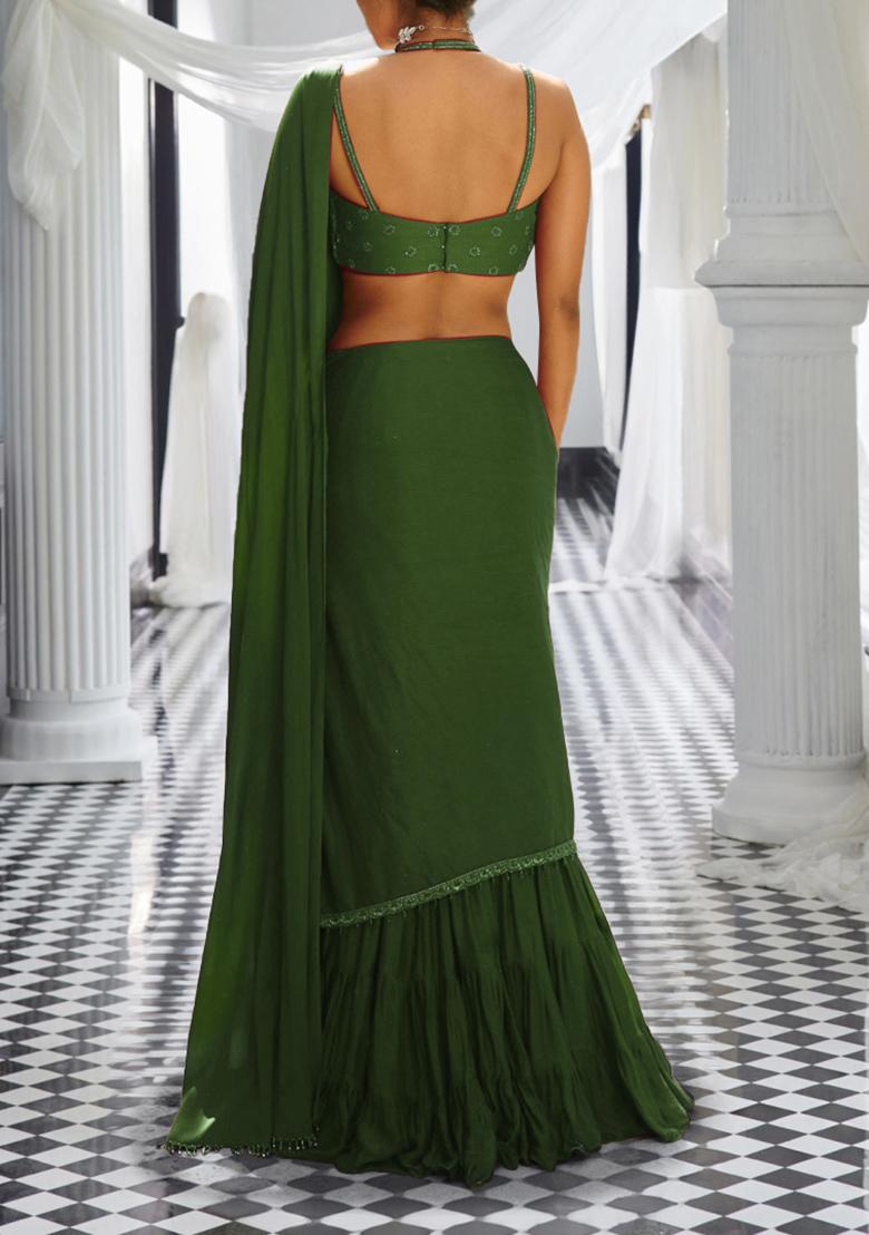 Green Pre-Stitched Saree Set With Hand Embroidered Blouse