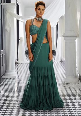Teal Pre-Stitched Saree Set With Hand Embroidered Blouse
