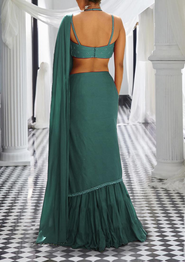 Teal Pre-Stitched Saree Set With Hand Embroidered Blouse