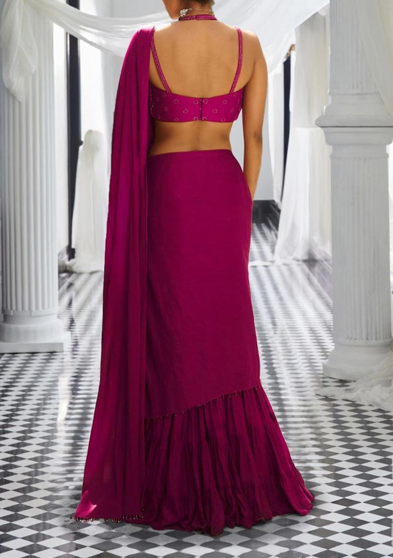 Pink Pre-Stitched Saree Set With Hand Embroidered Blouse