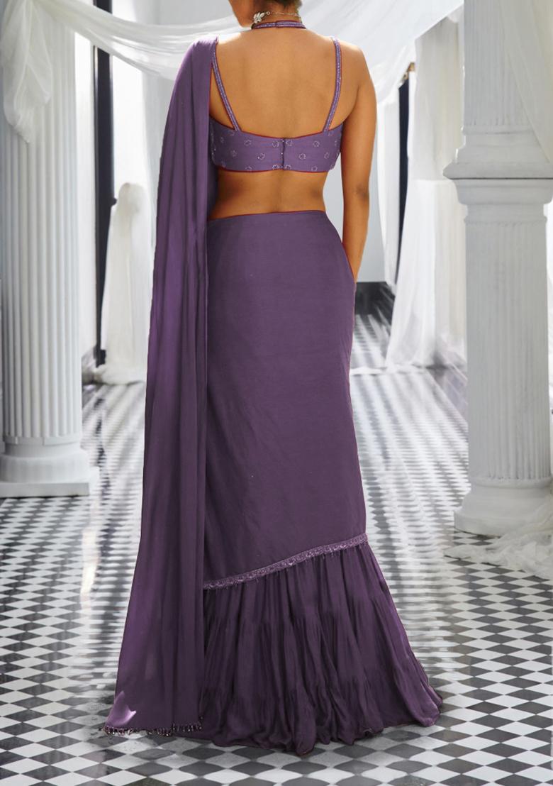 Lavender Pre-Stitched Saree Set With Hand Embroidered Blouse