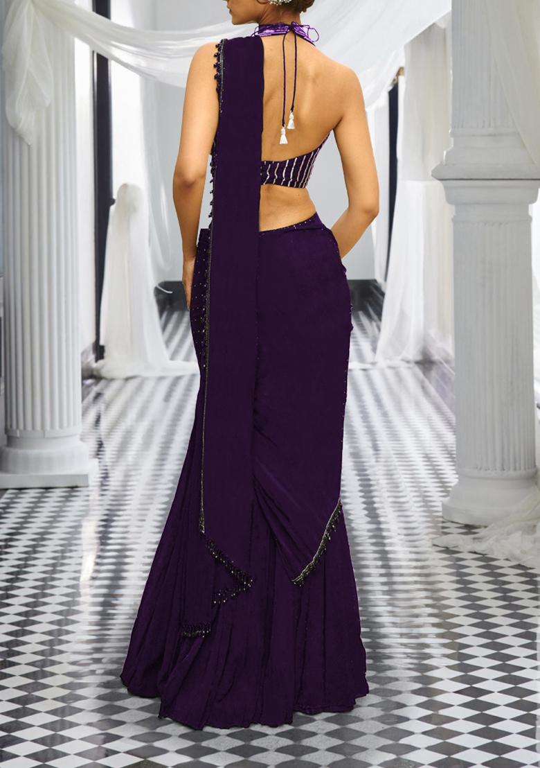 Blue Pre-Stitched Saree Set With Hand Embroidered Blouse