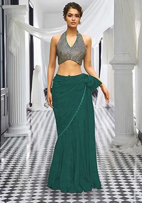 Teal Pre-Stitched Saree Set With Hand Embroidered Blouse