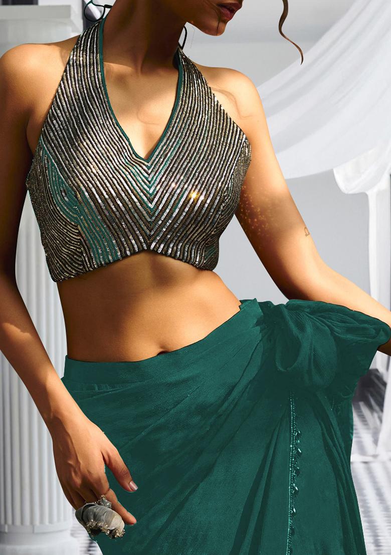 Teal Pre-Stitched Saree Set With Hand Embroidered Blouse