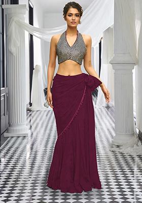 Maroon Pre-Stitched Saree Set With Hand Embroidered Blouse