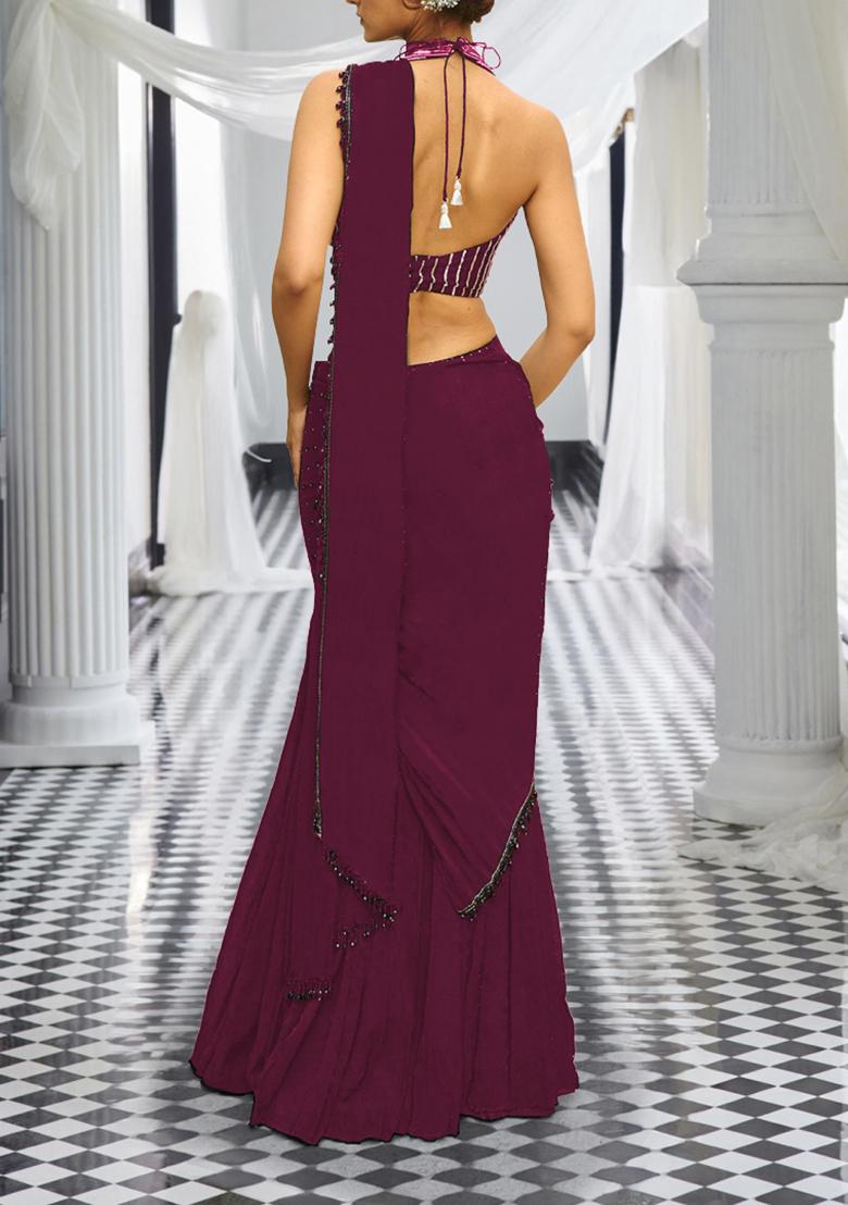 Maroon Pre-Stitched Saree Set With Hand Embroidered Blouse