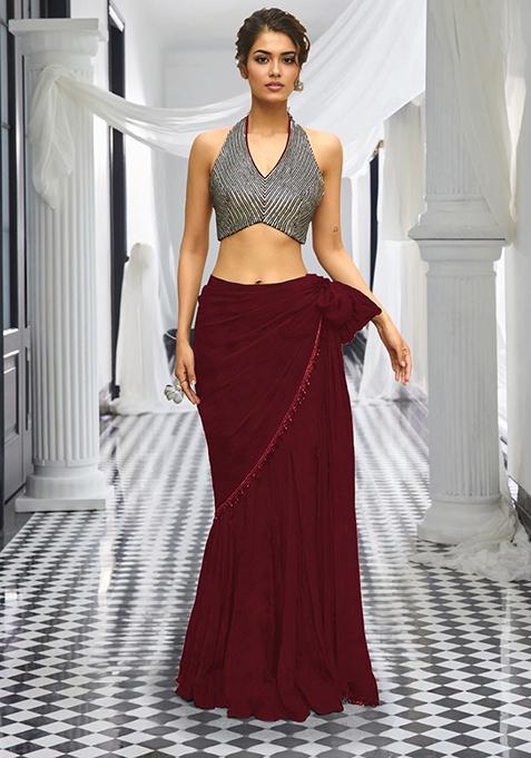 Red Pre-Stitched Saree Set With Hand Embroidered Blouse