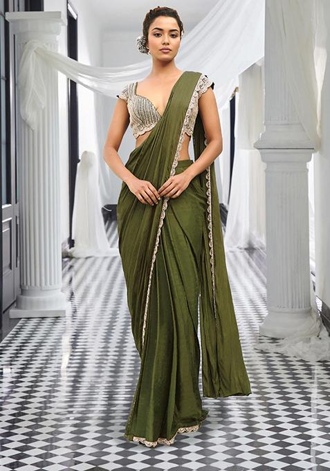 Green Pre-Stitched Saree Set With Hand Embroidered Blouse