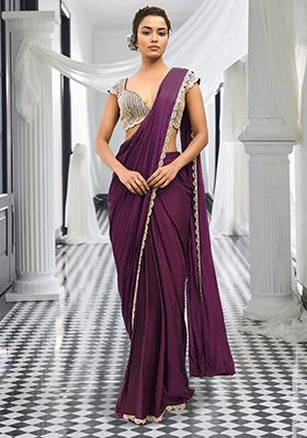 Purple Pre-Stitched Saree Set With Hand Embroidered Blouse