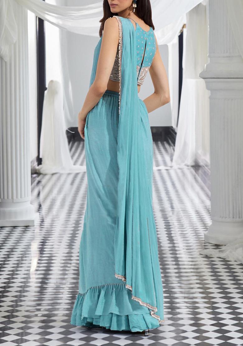 Teal Pre-Stitched Saree Set With Hand Embroidered Blouse