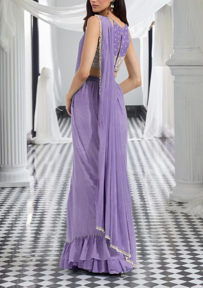 Lilac Pre-Stitched Saree Set With Hand Embroidered Blouse