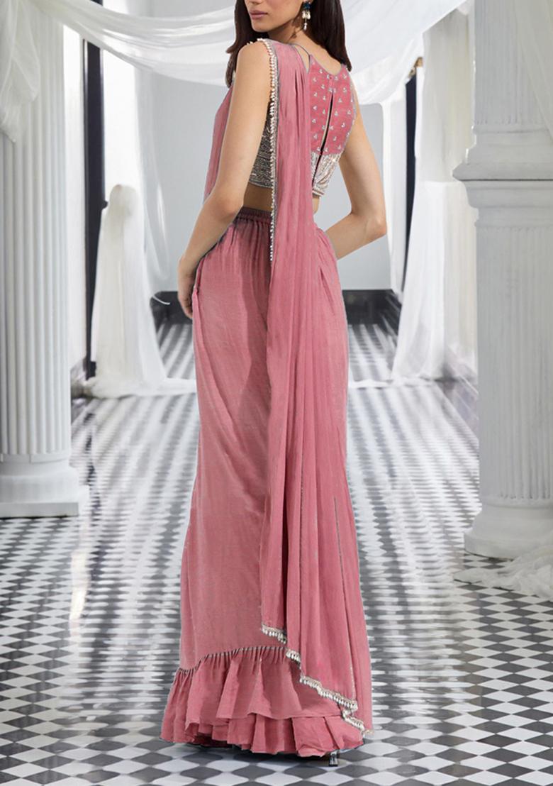 Coral Pre-Stitched Saree Set With Hand Embroidered Blouse