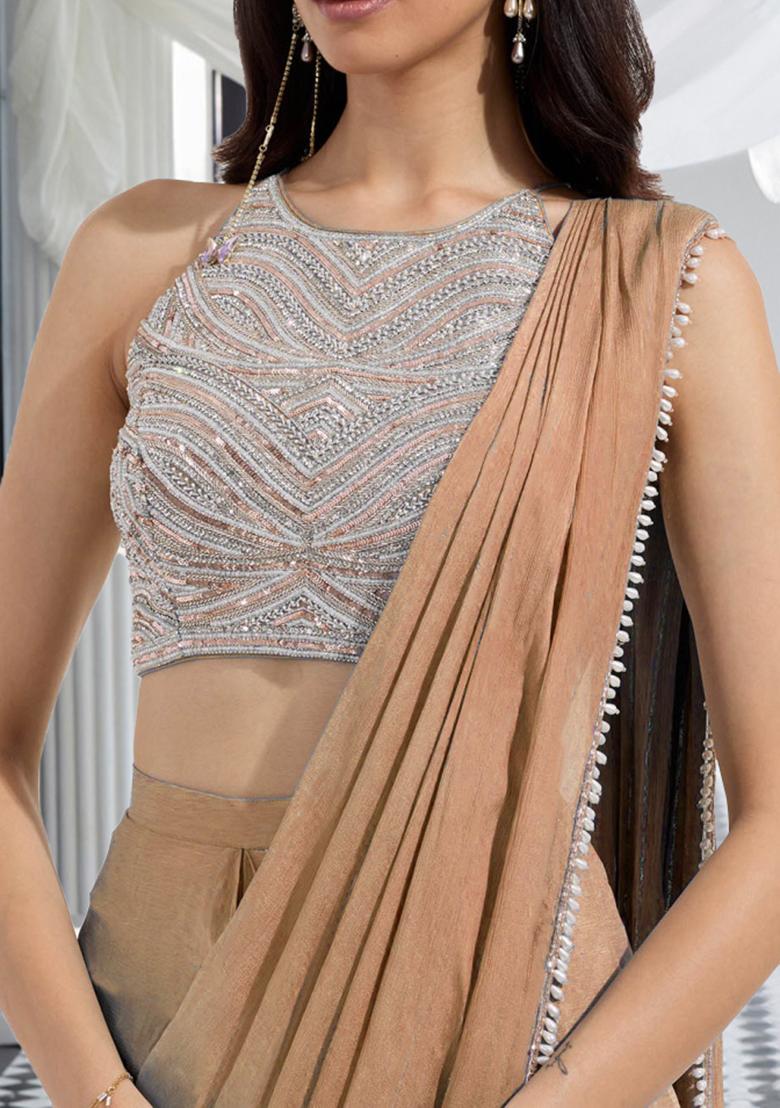 Beige Pre-Stitched Saree Set With Hand Embroidered Blouse