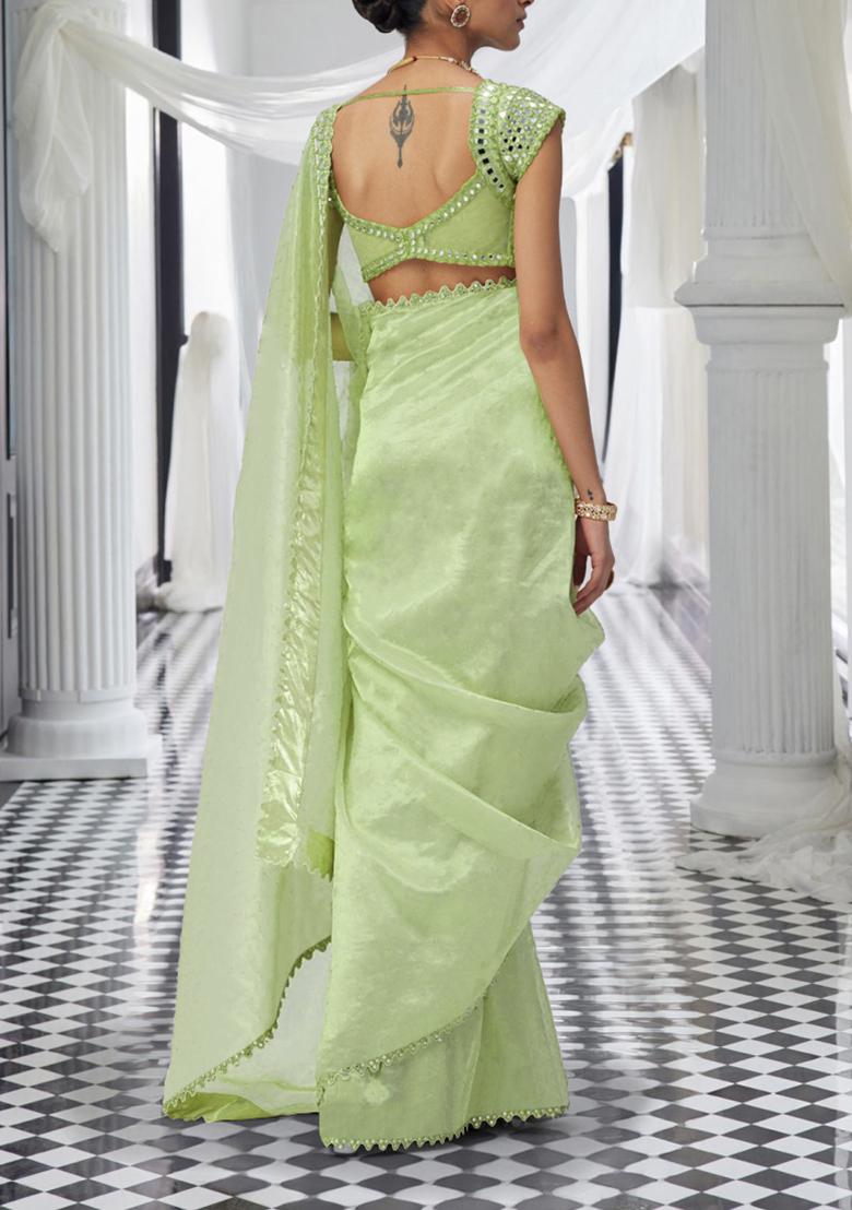 Green Pre-Stitched Saree Set With Hand Embroidered Blouse
