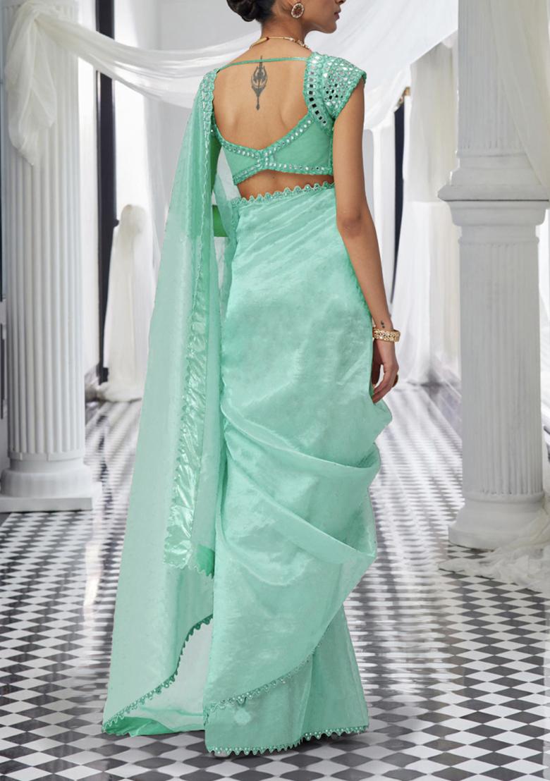 Blue Pre-Stitched Saree Set With Hand Embroidered Blouse