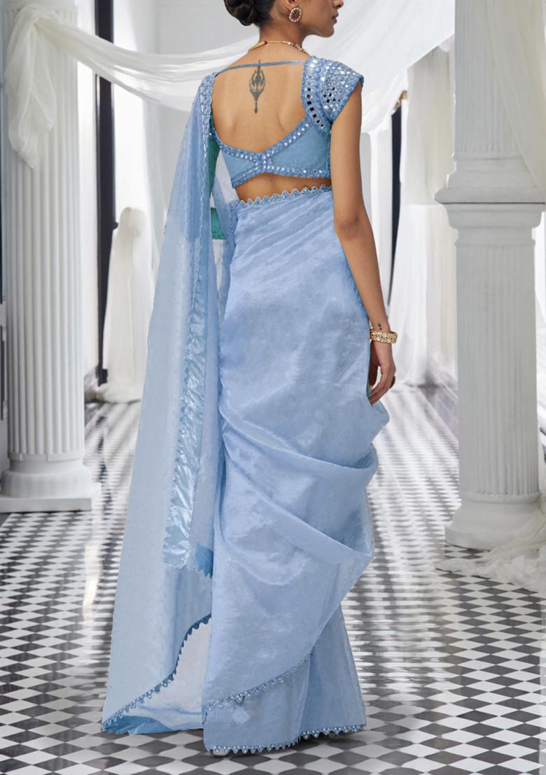 Blue Pre-Stitched Saree Set With Hand Embroidered Blouse