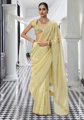 Yellow Pre-Stitched Saree Set With Hand Embroidered Blouse