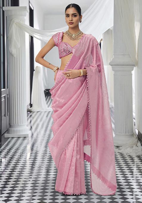 Pink Pre-Stitched Saree Set With Hand Embroidered Blouse