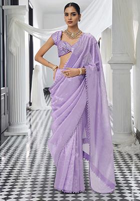 Lavender Pre-Stitched Saree Set With Hand Embroidered Blouse
