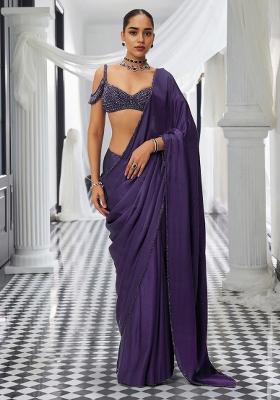 Purple Pre-Stitched Saree Set With Hand Embroidered Blouse